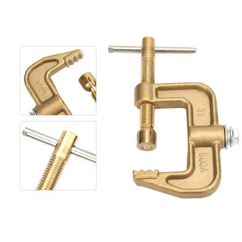Solid G Shape Ground Welding Earth Clamp Made From Premium Brass showcased with detailed grip and screw mechanism for reliable welding.