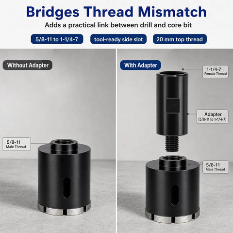 Heavy Duty Hardened Steel Core Drill Thread Adapter That Pulls Off A Smooth Swap From One Inch And Quarter Female To Five Eighths Male Threads for seamless drilling.