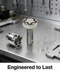 M6 Stainless Steel Anti Theft Locking Screws Kit 20mm Four Locks Plus One Key on a workbench with tools