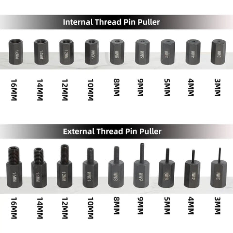 Display of internal and external thread pin pullers from 3mm to 16mm sizes, part of the 20 Pack Universal Pin Puller Extractor Tool Kit.