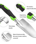 Heavy Duty Cast Aluminum Garden Hand Shovel And Trowel For Planting Transplanting Weeding And Digging Soil With Soft Rubberized Non Slip Grip Handle 11.8 Inch Green Workhorse Tool showing ergonomic handle and aluminum head close-up.