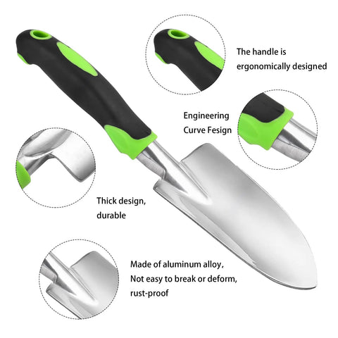 Heavy Duty Cast Aluminum Garden Hand Shovel And Trowel For Planting Transplanting Weeding And Digging Soil With Soft Rubberized Non Slip Grip Handle 11.8 Inch Green Workhorse Tool showing ergonomic handle and aluminum head close-up.