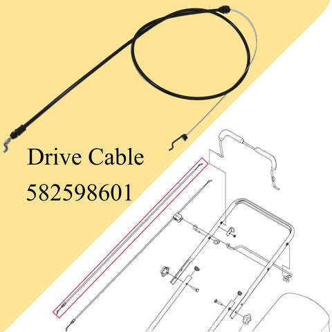 Drive Cable 582598601 Replacement Fits Husqvarna LC221A and Poulan Pro PR675AWD shown with installation diagram