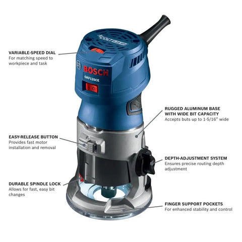 Colt 1.25 HP Variable Speed Palm Router With 7 Amp Motor, showing controls and durable aluminum base for woodworking precision.