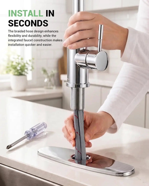 Jlerli Pull-Down Kitchen Faucet, High Arc, Brushed Nickel, 3-Modes Sprayer installation with braided hose and screwdriver.