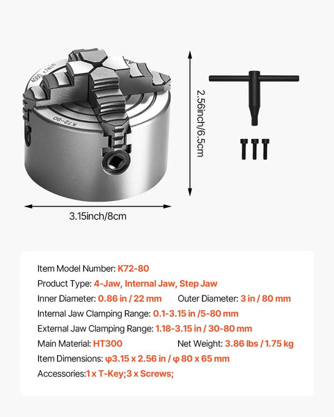 Heavy Duty 4 Jaw Independent Lathe Chuck 3 Inch Built Different With Rock Solid Grip For Wood And Metal Projects Featuring HT300 Cast Iron Body And Quick T Key Mounts For Tough Shop Sessions
