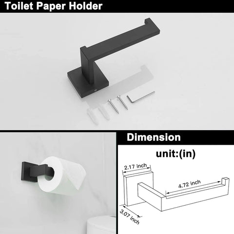 Four Piece Black Stainless Steel Bathroom Accessory Set With 23.6 Inch Towel Bar 8.2 Inch Towel Bar Toilet Paper Holder And Hooks Wall Mounted For A Sleek Dope Home Upgrade, toilet paper holder with dimensions and mounting hardware.