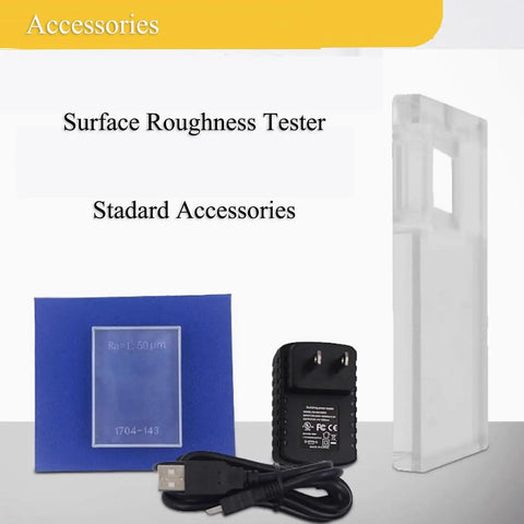 Accessories for Digital Surface Roughness Gauge With USB Output, Handheld Surftest Profilometer, including USB charger and manual.