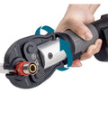 Close-up of Mini Battery Pipe Crimping Tool for Plumbing Systems with Copper Fittings and Multilayer PEX Press Tool in use.