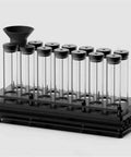 Single Dose Coffee Bean Storage With One Way Exhaust Valve And Metal Stand 14 Piece Glass Jars To Keep Beans Fresh And Dialed In 20 Gram Capacity Black Kit. Compact rack with 14 glass jars.