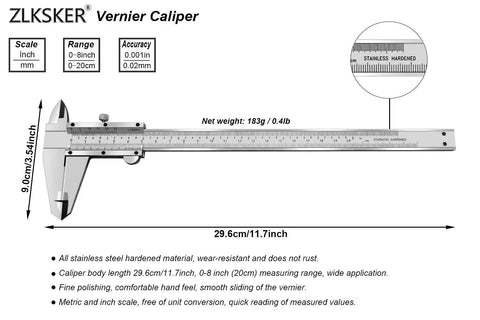 8 Inch Vernier Caliper Stainless Steel Precision Measuring Tool Dual Metric And Imperial Read Depth Inside Outside Step Measurements With 0.001 Inch And 0.02 Millimeter Accuracy Built Tough Laser Engraved Scale showing measurement details.