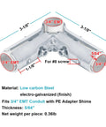 Rock Solid Ninety Degree Three Way Cross Pipe Connector Clamps For Three Quarter Inch Emt Conduit Heavy Duty Galvanized Steel Fasteners, showing measurements and material.