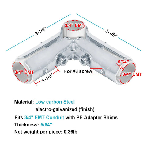 Rock Solid Ninety Degree Three Way Cross Pipe Connector Clamps For Three Quarter Inch Emt Conduit Heavy Duty Galvanized Steel Fasteners, showing measurements and material.