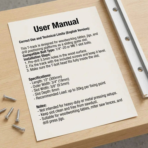 User manual and 12 Inch T Track Kit Aluminum Double Track Set 4 Pack With Mounting Holes For Woodworking on wooden surface