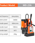 Heavy Duty 110V Magnetic Drill Press With 1800W Copper Core Motor Portable Mag Drill Kit specifications MD-23A, 1400W power, 690 RPM speed.