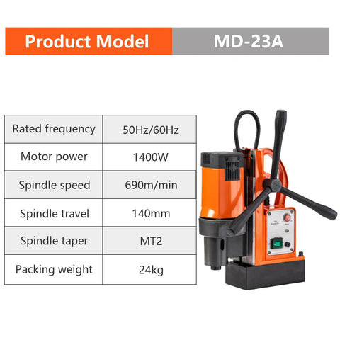 Heavy Duty 110V Magnetic Drill Press With 1800W Copper Core Motor Portable Mag Drill Kit specifications MD-23A, 1400W power, 690 RPM speed.
