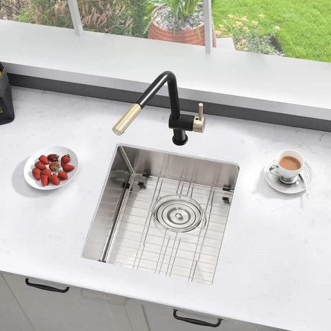 Stainless Steel Undermount Bar Sink With 17 x 17 Inch Single Bowl, 16 Gauge SUS304 Brushed Nickel Finish, installed in a kitchen.