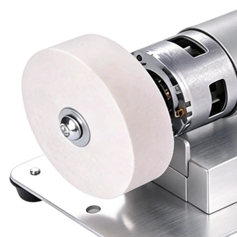 Close-up of Compact Mini Bench Grinder Featuring Rock Solid 100W Copper Brushless Motor Spinning At Ridiculous 6000 RPM.