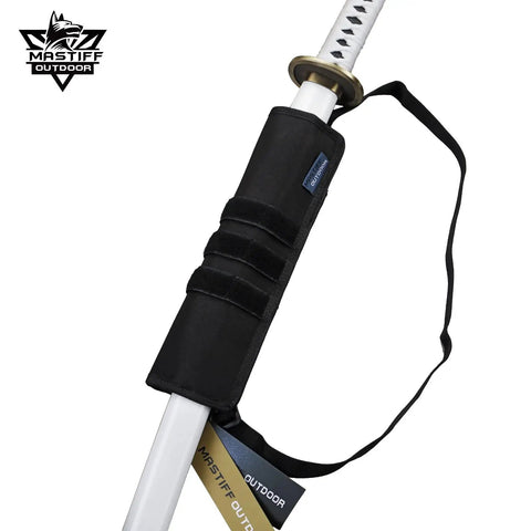 Close-up of 12 Inch Sword Frog Back Scabbard Sheath Made From Black Nylon Tactical Modular Loadout Gear With 30 Inch Adjustable Strap