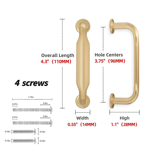 Diagram of Champagne Bronze Cabinet Pulls 3-3/4 Inch 96mm 10 Pack Kitchen Cabinet Handles with dimensions and included screws.