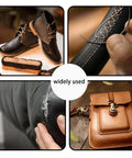 Collage showing Upholstery Repair Sewing Kit With Heavy Duty Tools used on shoes, seam stitching, repairing fabric, and brown leather bag.