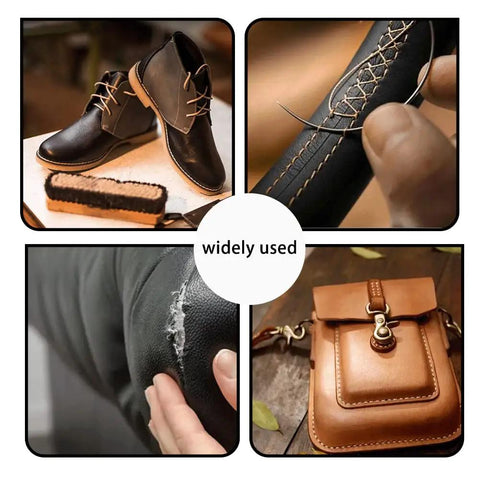 Collage showing Upholstery Repair Sewing Kit With Heavy Duty Tools used on shoes, seam stitching, repairing fabric, and brown leather bag.