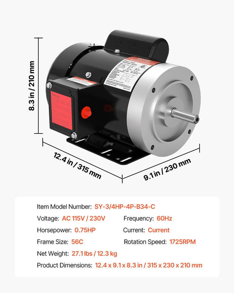0.75 HP Electric Motor 1725 RPM 115 To 230 Volt Single Phase 56C Frame Five Eighths Inch Keyed Shaft Reversible CW CCW For Air Compressor And Agricultural Equipment And General Purpose Machinery