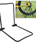 Aluminum Bike Trainer Stand With Storage Rack For Mountain Road And Folding Bikes Adjustable Repair Stand Durable Rust Proof Maintenance Station For Home Garage And Workshop Area, black frame with wheel support.