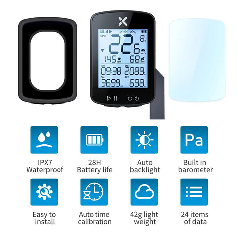 Gen2 GPS Ride Ready Bike Computer With Mount, 2.2 Inch Display, Bluetooth, shown with features like IPX7 Waterproof and Auto Backlight.