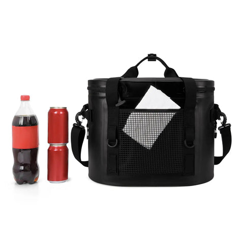 Heavy Duty Soft Sided Cooler Bag In Sleek Black With Thick Thermal Wrap To Keep Your Stash Bone Cold And Fully Leak Proof Carry All Fits Thirty Cans Smooth For Road Trips Tailgates And Lake Days next to drinks.