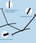 Double Hammock With Foldable Steel Stand And Carry Bag For Indoor Outdoor Use 450 Lbs Capacity Garden Camping Beach Coffee Color Easy Setup Portable Backyard Kick Back showing foldable steel stand details with powder-coated frame and sturdy metal hook.