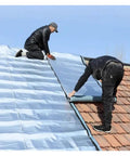Workers installing Pro Level Synthetic Roof Underlayment Roll With Heat Reflective Aluminum Foil and Self Adhesive Asphalt Membrane.