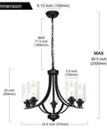 Dimensions of Farmhouse 5-Light Chandelier Pendant Light in Black Finish with Clear Glass Shades, shown in Classic Empire Design.