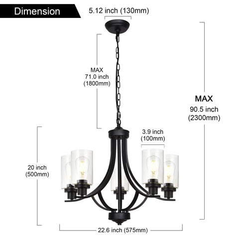 Dimensions of Farmhouse 5-Light Chandelier Pendant Light in Black Finish with Clear Glass Shades, shown in Classic Empire Design.