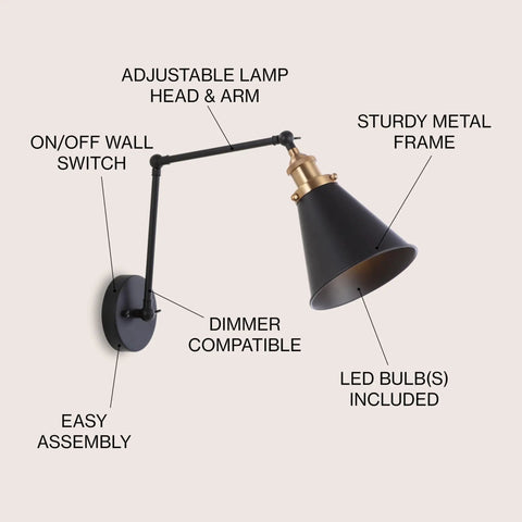 Industrial Metal Adjustable Arm LED Wall Sconce 7 Inch Black and Brass Gold for Bedside Reading, showing adjustable head and arm