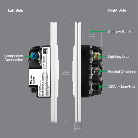 Side view diagram showing connections of Maestro Pro LED Plus Tap Dimmer Switch For 250W LED, 500W ELV, 400W MLV, White Finish.