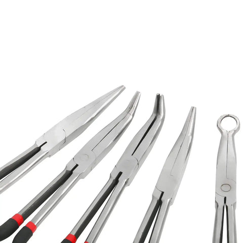 Long Needle Nose Pliers Set 11 Inch 5 Piece Kit With Nipper Bent Nose Duckbill End Cutting And Diagonal Pliers For Tight Spaces
