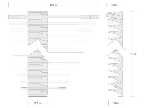 Technical drawing of Angle Head Open End Wrench Set With Modular Organizer, side and top views with measurements.