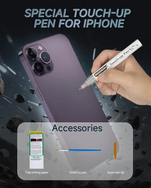 Person using SP83 Touch Up Paint For iPhone 14 And 14 Plus Scratch Repair Pen With Replacement Tip Quick And Easy Frame Fix For Minor Scratches Non Toxic Durable Finish on phone