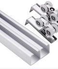 Sliding Double Track Barn Door Hardware Kit for Ceiling Mount and Pocket Door Rails with stainless steel pulleys, 120cm rail, brown finish.