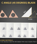 Built Damn Tough Triangle C Angle Cutter Heads compatible with pneumatic chamfering machines, showing 45-degree blade design and storage case.