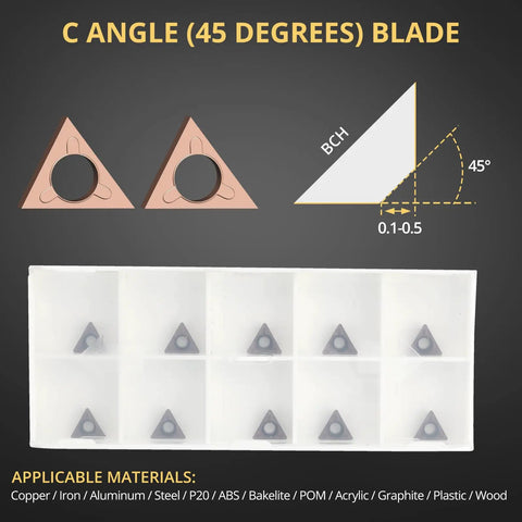 Built Damn Tough Triangle C Angle Cutter Heads compatible with pneumatic chamfering machines, showing 45-degree blade design and storage case.