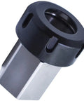 Durable Hex Collet Block Chuck Holder For Precision Machining, Secure Metal Replacement Parts For Milling Machines And Lathes With Stable Black Coated Hex Design, close-up view.