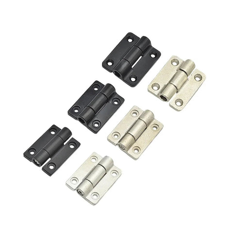 Zinc alloy torque hinge, 35.3x45 mm, nickel and black finishes, adjustable; six hinges.