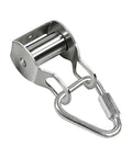 Outdoor Zip Line Conversion Kit With Smooth Glide Pulley System For Backyard Fun side view of metal pulley with latch attachment