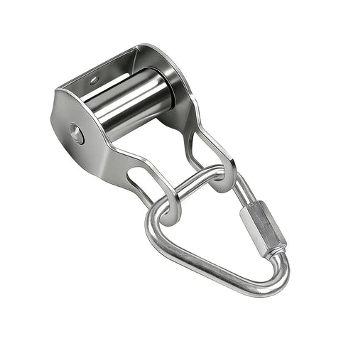 Outdoor Zip Line Conversion Kit With Smooth Glide Pulley System For Backyard Fun side view of metal pulley with latch attachment
