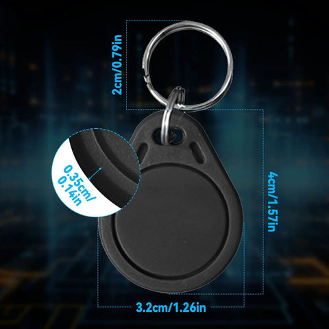 Dope 100 Pcs 13.56MHz UID Keyfobs For Access Control Rewritable RFID IC Key Fob Tokens shown with dimensions
