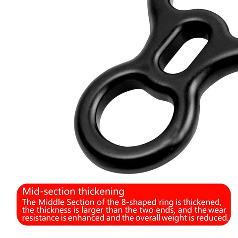 Close-up of black Beefy Rescue Figure Belay Device For Rock Climbing And Peak Rescue 50 kN Load Descent And Rappelling Gear.