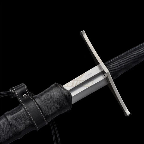 Beefy Hand Forged Spring Steel Medieval Longsword 46 Inch Full Tang With Black Brown Scabbard Tempered 50 To 55 HRC