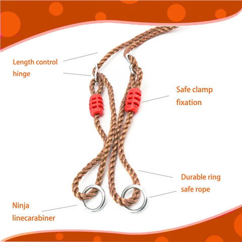 Tree Swing Seat For Kids With Thick Rope, Built Tough Outdoor Swing Set Accessory For Backyard Fun, Adjustable Rope From 55 to 71 Inches, showing length control hinge and safe clamp fixation.